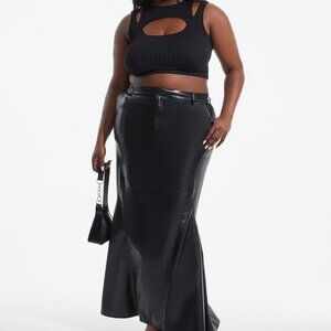 Womens Faux Leather High Rise Skirt Floor Length Button Closure Flared Black